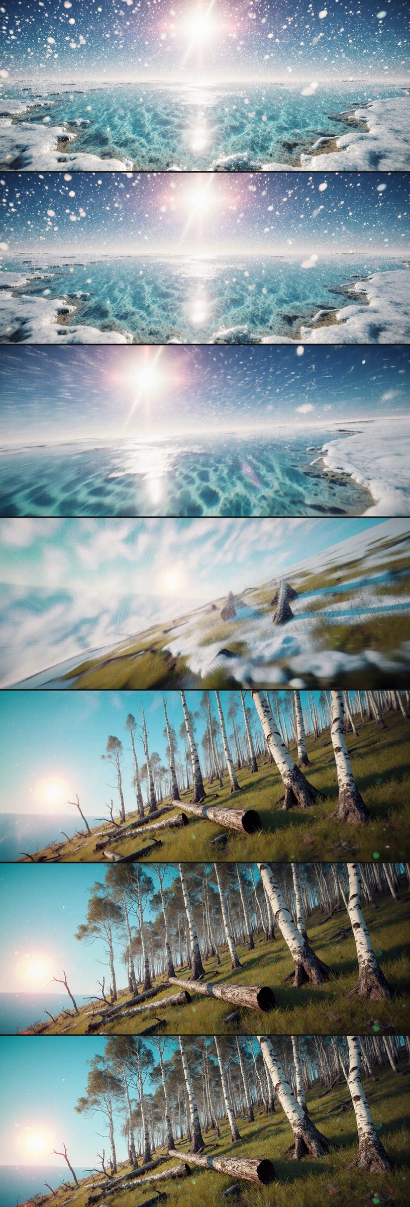 Turquoise shallows to birch slope: source, then the clip at 0, 25, 50, 75 and 100 percent, then the target
