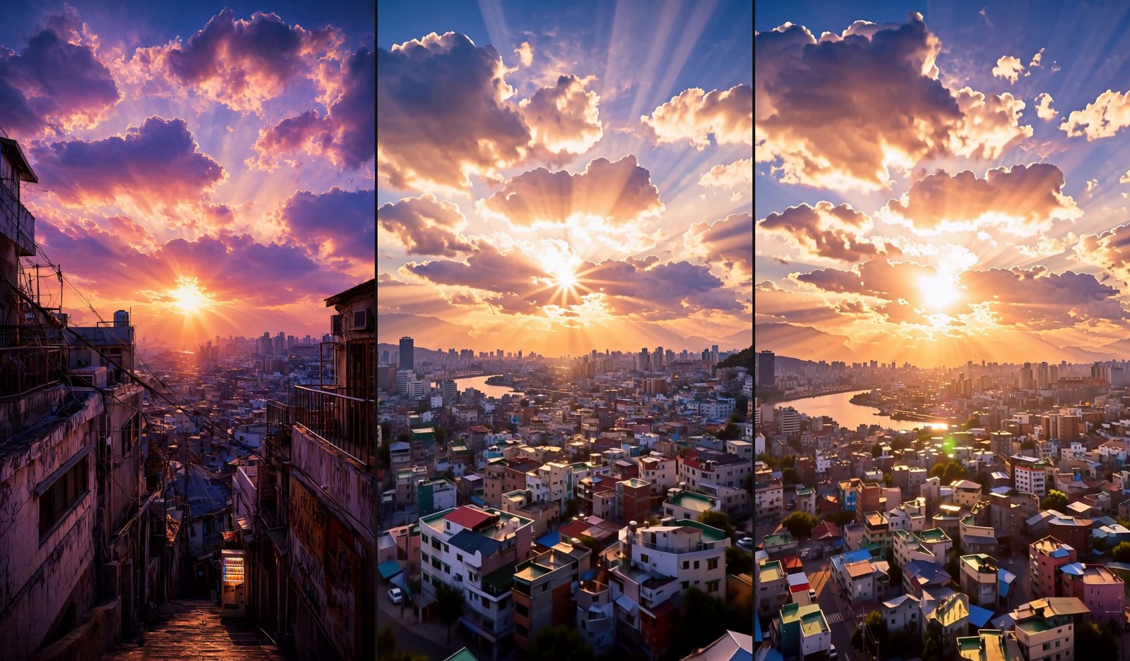 The shot in three frames — alley, rooftops, light