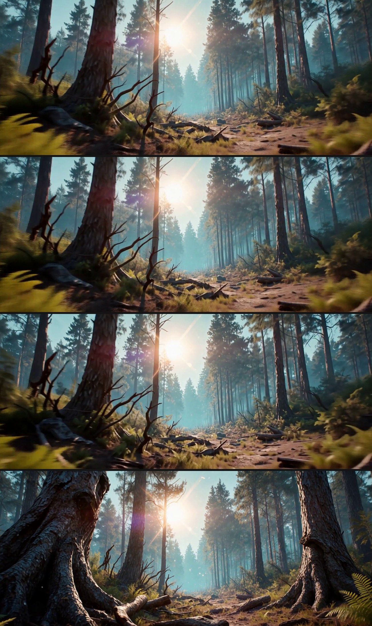 Four variants at the clip midpoint. Only the bottom one used slow camera language